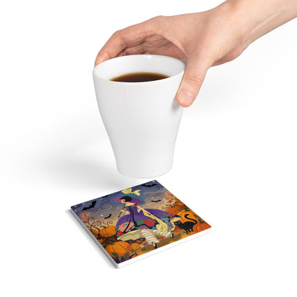 🌙🎃 The Moonlit Garden Walk Ceramic Coaster – Elegant Halloween Charm