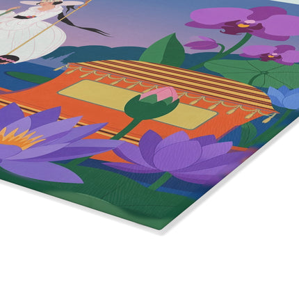 🪷🚣 The Lady Of The Lotus Lake Glass Cutting Board – Art Deco Botanical Fantasy