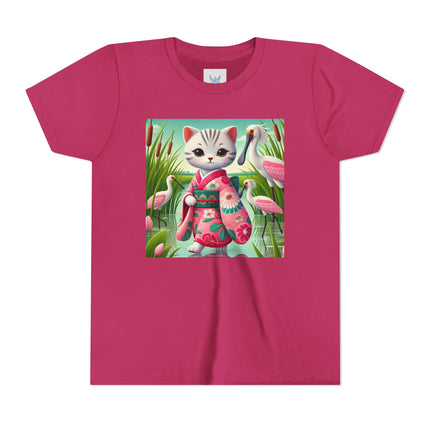 Geisha Kitten Strolls Among the Spoonbills Youth Short Sleeve Tee