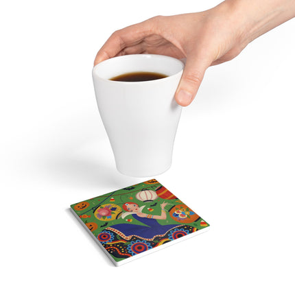 🏮🎃 The Lady Of Halloween Lanterns Ceramic Coaster – Colorful Art Deco Halloween Charm