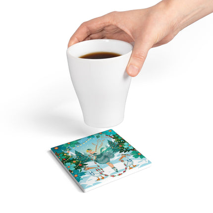🦩🎄 The Lady Of The Christmas Garland Birds Ceramic Coaster – Whimsical Art Deco Holiday Fantasy