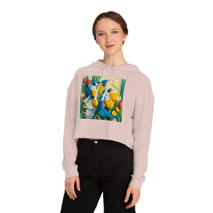 Blue Jays in a Spring Garden Women’s Cropped Hooded Sweatshirt