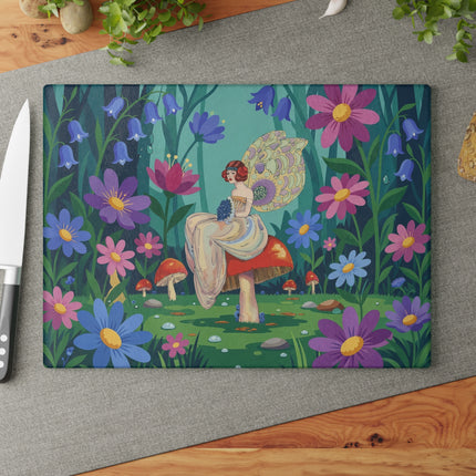 🧚🍄 The Lady Of The Enchanted Mushroom Garden Glass Cutting Board – Art Deco Fairy Garden Fantasy