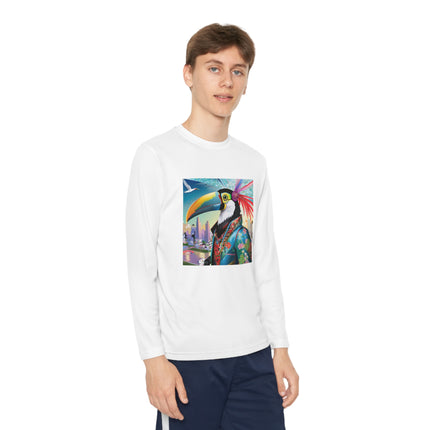 Cyber Toucan Chic Youth Long Sleeve Competitor Tee – Neon Feathers & Futuristic Style