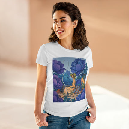 💙🌸 The Lady Among The Blue Blossoms Cotton Tee – Art Deco Floral Reverie