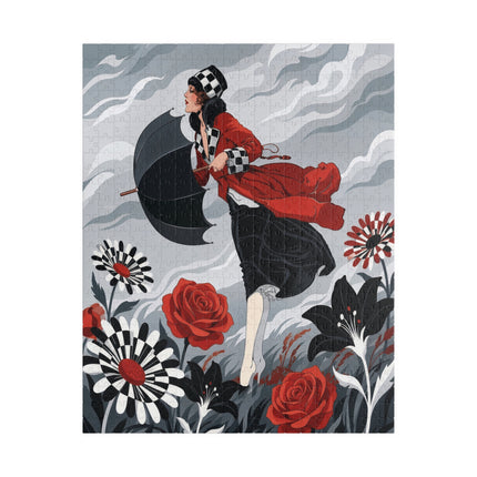 🌹☂️ The Lady In The Storm Puzzle – Art Deco Floral Drama