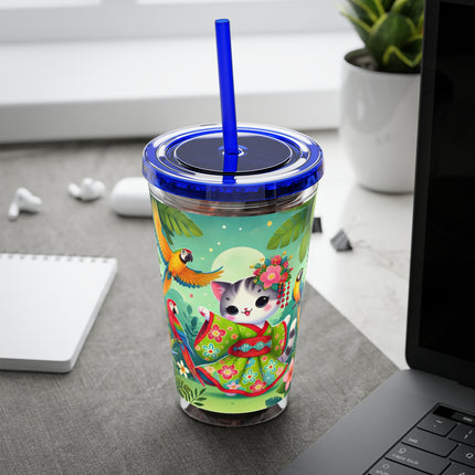 Parrot Dance of the Geisha Kitten Sunsplash Tumbler with Straw, 16oz