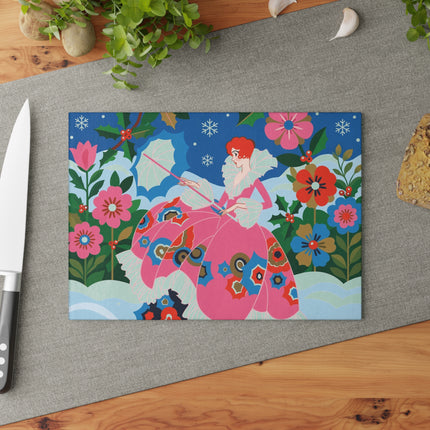 🌺❄️ The Lady Of The Enchanted Snow Glass Cutting Board – Art Deco Holiday Fantasy