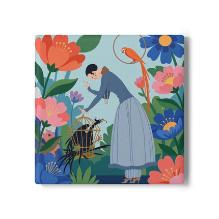 🦜🌺 The Lady Of The Garden Aviary Ceramic Coaster – Art Deco Floral Whimsy
