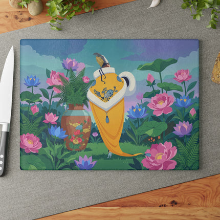 🌸✨ The Lady Of The Golden Garden Glass Cutting Board – Art Deco Floral Elegance
