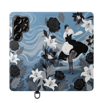 🖤🤍 The Lady Of The Black Rose Garden Flip Case – Art Deco Floral Elegance