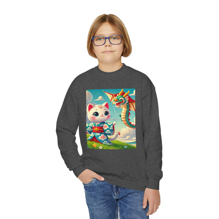 Geisha Kitten and the Dragon Kite Youth Crewneck Sweatshirt – Freedom, Motion & Playful Spirit