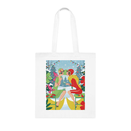 🎄☕ Christmas Tea In The Snow Garden Cotton Tote Bag – Art Deco Holiday Friendship