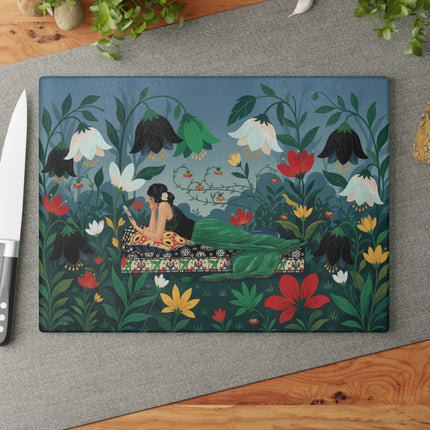 🌺🔍 The Lady In The Secret Garden Glass Cutting Board – Art Deco Floral Elegance