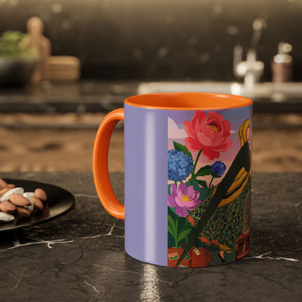 The Lady And The Crimson Birdcage Colorful Mugs – Art Deco Tropical Garden Elegance