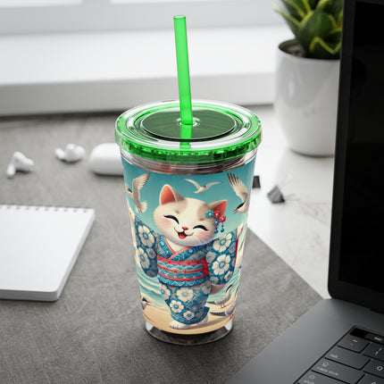 Geisha Kitten by the Seaside Sunsplash Tumbler with Straw, 16oz