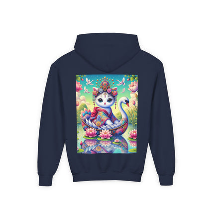 Geisha Kitten’s River Voyage Youth Hooded Sweatshirt – Adventure on a Whimsical River