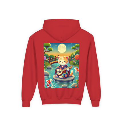 Melodic Kitten by the Koi Pond Youth Hooded Sweatshirt – Peaceful Harmony & Playful Music