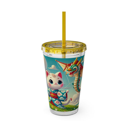 Geisha Kitten and the Dragon Kite Sunsplash Tumbler with Straw, 16oz