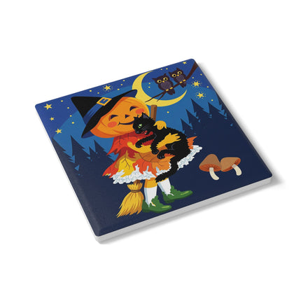 🎃🐈‍⬛ The Little Pumpkin Witch And Her Black Cat Ceramic Coaster – Whimsical Halloween Charm