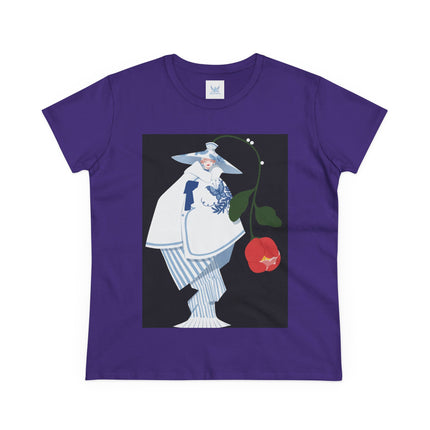 Blue & White Porcelain Geisha Women's Midweight Cotton Tee – Refined Elegance & Timeless Charm