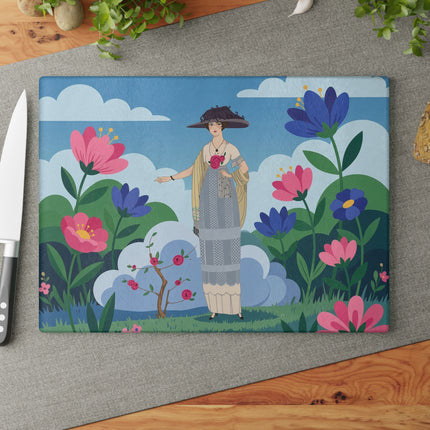 🌸🎀 The Lady Of The Rose Garden Glass Cutting Board – Art Deco Floral Fashion Elegance