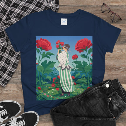 🌹🌿 The Scarlet Rose Garden Cotton Tee – Art Deco Floral Whimsy