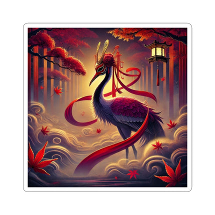Regal Crimson Crane in the Autumn Mist Kiss-Cut Stickers (4 Sizes)