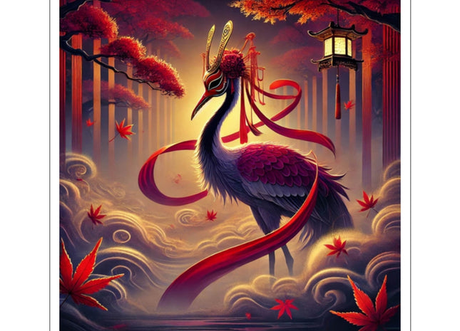 Regal Crimson Crane in the Autumn Mist Kiss-Cut Stickers (4 Sizes)