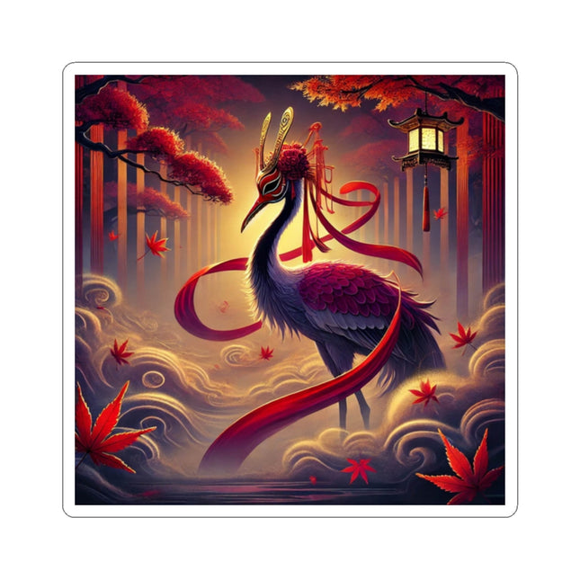Regal Crimson Crane in the Autumn Mist Kiss-Cut Stickers (4 Sizes)