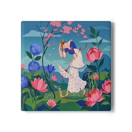 🌸☂️ The Lady Of The Falling Blossoms Ceramic Coaster – Art Deco Garden Whimsy