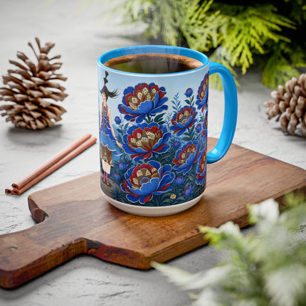 💙🌺 The Sapphire Blossom Garden Dancer Colorful Mug – Art Deco Fashion Fantasy