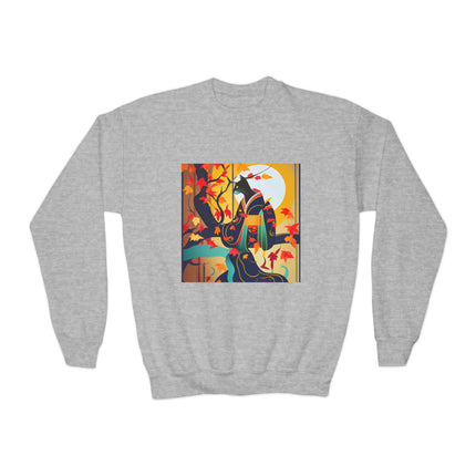 Black Cat in Kimono Youth Crewneck Sweatshirt