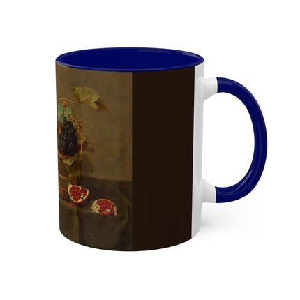 Basket of Grapes and a Pomegranate on a Table by Jacob van Hulsdonck Colorful Mugs, 11oz