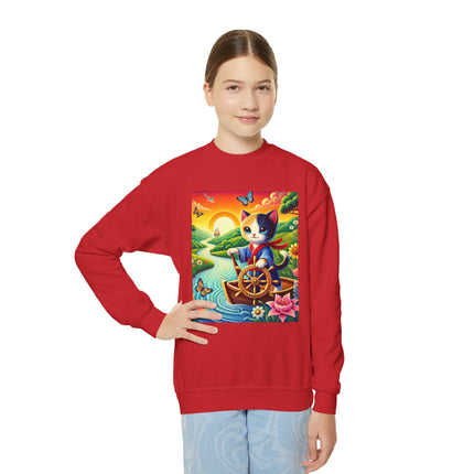 Sailor Kitten’s River Adventure Youth Crewneck Sweatshirt – Exploration, Joy & Storybook Adventure