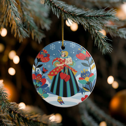 ❤️❄️ The Winter Heart Messenger Ceramic Ornament – Art Deco Snow Garden Fantasy