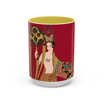 Butterfly Empress of the Crimson Pavilion Colorful Mug (11oz, 15oz) – Art Deco Beauty, Butterfly Elegance & Ornamental Style