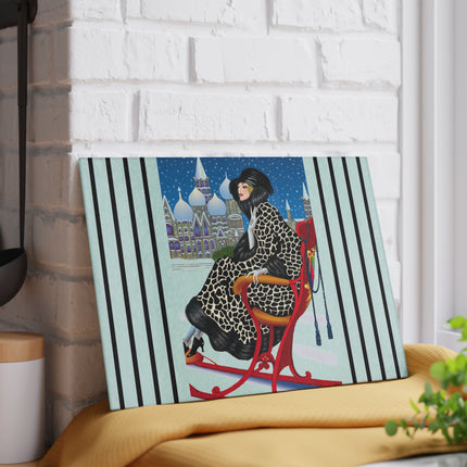 Elegant Winter Woman in Sleigh Glass Cutting Board