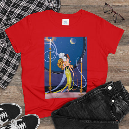 Smoke and Secrets: A Glamorous Encounter in Prohibition Era Women's Midweight Cotton Tee
