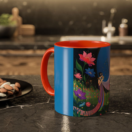 The Lady And The Moonlit Peak Colorful Mugs – Art Deco Alpine Garden Elegance