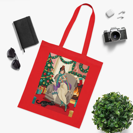🔥🎄 The Lady Of The Christmas Hearth Cotton Tote Bag – Art Deco Holiday Warmth