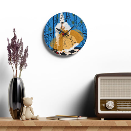 🎭🌹 The Lady Of The Golden Masquerade Acrylic Wall Clock – Art Deco Fashion Elegance