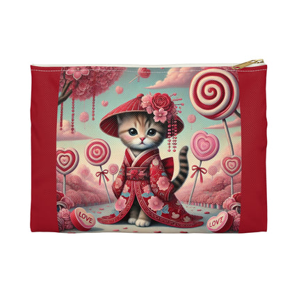 Whimsical Geisha Kitten in a Valentine Garden Accessory Pouch