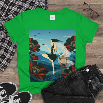 🌊🌺 The Lady Of The Wild Wind Cotton Tee – Art Deco Coastal Fantasy