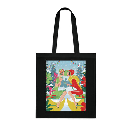 🎄☕ Christmas Tea In The Snow Garden Cotton Tote Bag – Art Deco Holiday Friendship