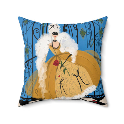 🎭🌹 The Lady At The Masquerade Gates Square Pillow – Art Deco Fashion Illustration