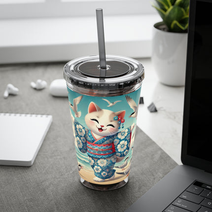 Geisha Kitten by the Seaside Sunsplash Tumbler with Straw, 16oz