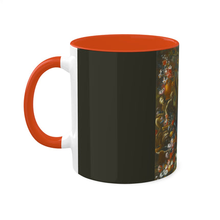 Still Life With Birds Beside An Ornate Fountain by Nicola Casissa Colorful Mugs, 11oz