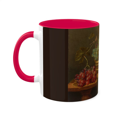 Basket of Grapes and a Pomegranate on a Table by Jacob van Hulsdonck Colorful Mugs, 11oz