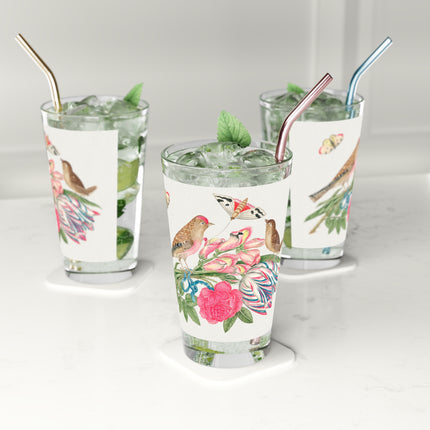 Birds on Bouquet with Tulip, Rose, Snapdragons, and Butterflies Glass, 16oz